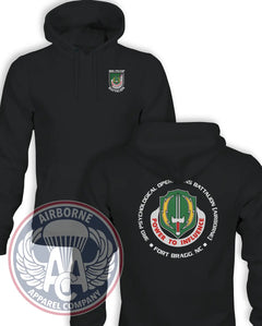3rd Psychological Operations Battalion (Airborne) black Champion Powerblend hoodie, front and back views
