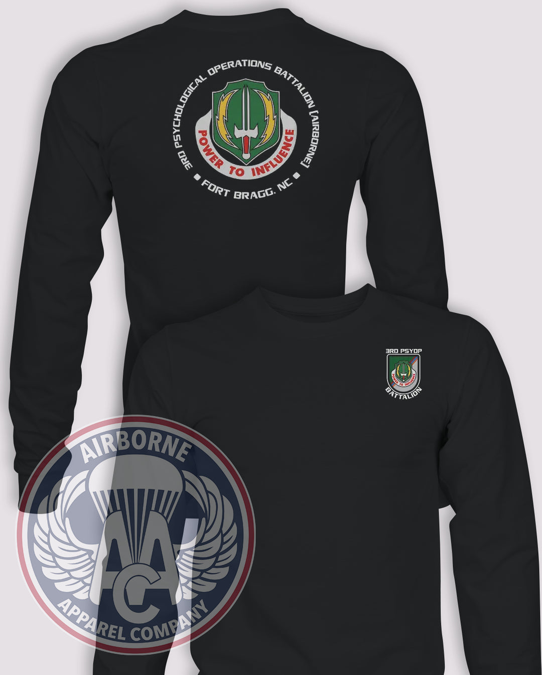 3rd Psychological Operations Battalion (Airborne) Long-Sleeve T-Shirt, Black, front and back views
