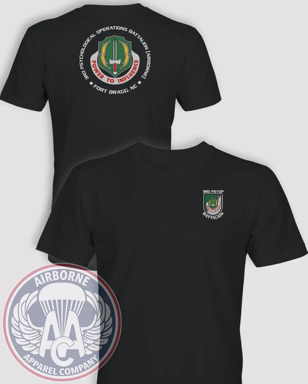 3rd Psychological Operations Battalion (Airborne) black lightweight cotton T-shirt, front and back views