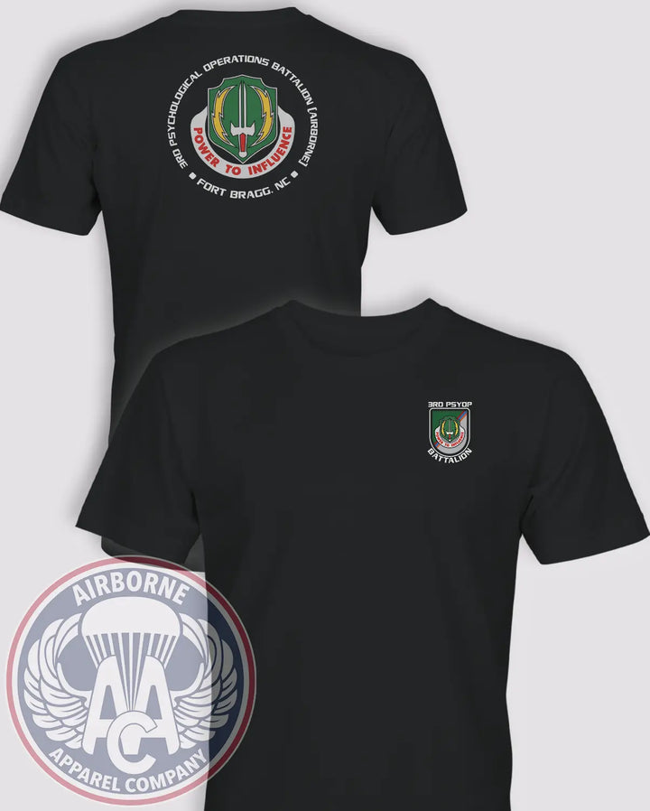 3rd Psychological Operations Battalion (Airborne) black lightweight cotton T-shirt, front and back views