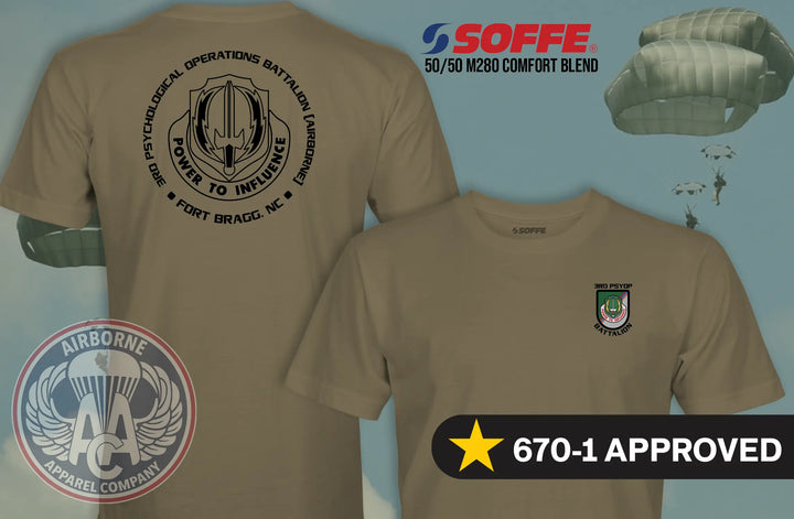 3rd Psychological Operations Battalion (Airborne) 670-1 compliant Coyote Brown T-shirt, front and back views