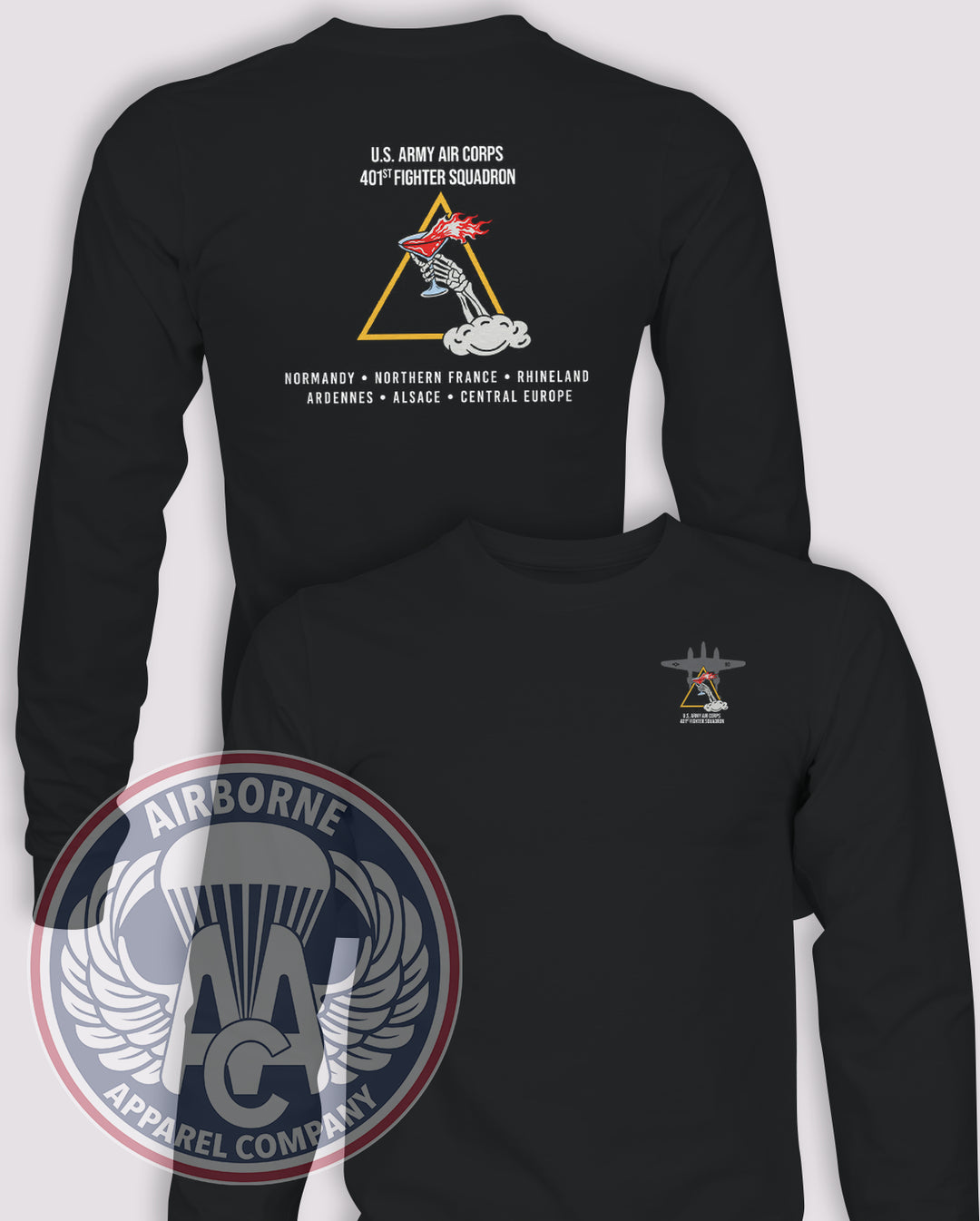 401st Fighter Squadron Tribute Long-Sleeve T-Shirt, Black, front and back views