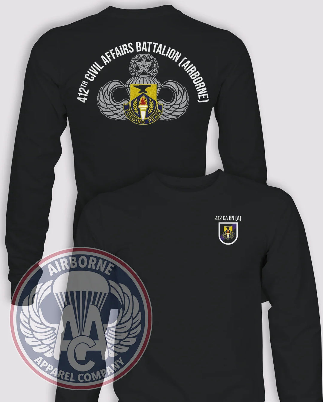412th Civil Affairs BN Long-Sleeve PT/Morale T-Shirt (Official), Black, front and back views