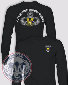 412th Civil Affairs BN Long-Sleeve PT/Morale T-Shirt (Official), Black, front and back views
