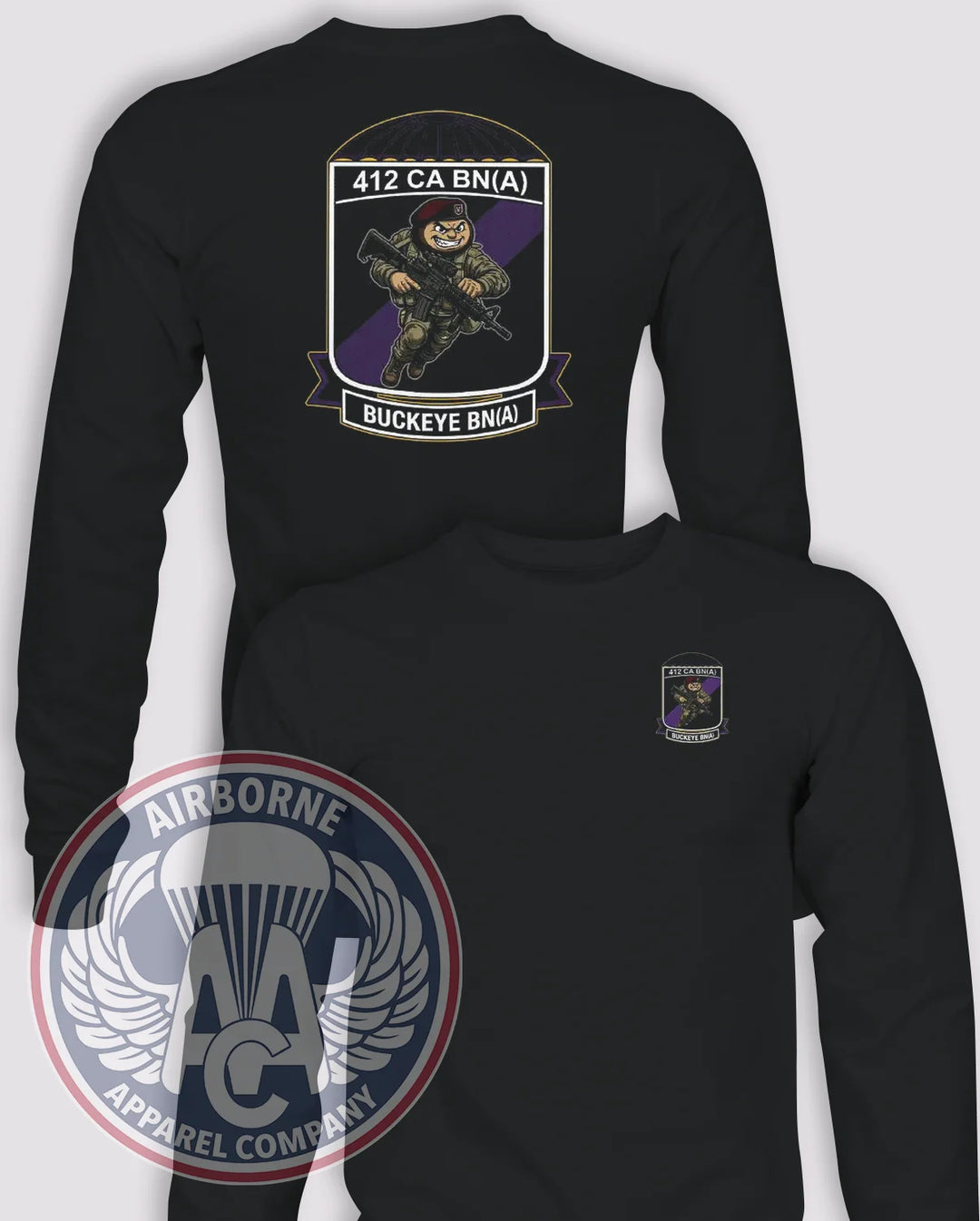 412th Civil Affairs BN Brutus Long-Sleeve T-Shirt (Official), Black, front and back views