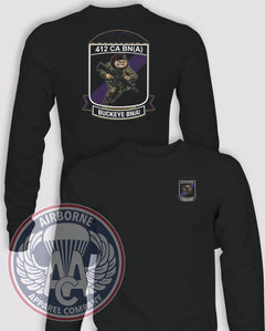 412th Civil Affairs BN Brutus Long-Sleeve T-Shirt (Official), Black, front and back views