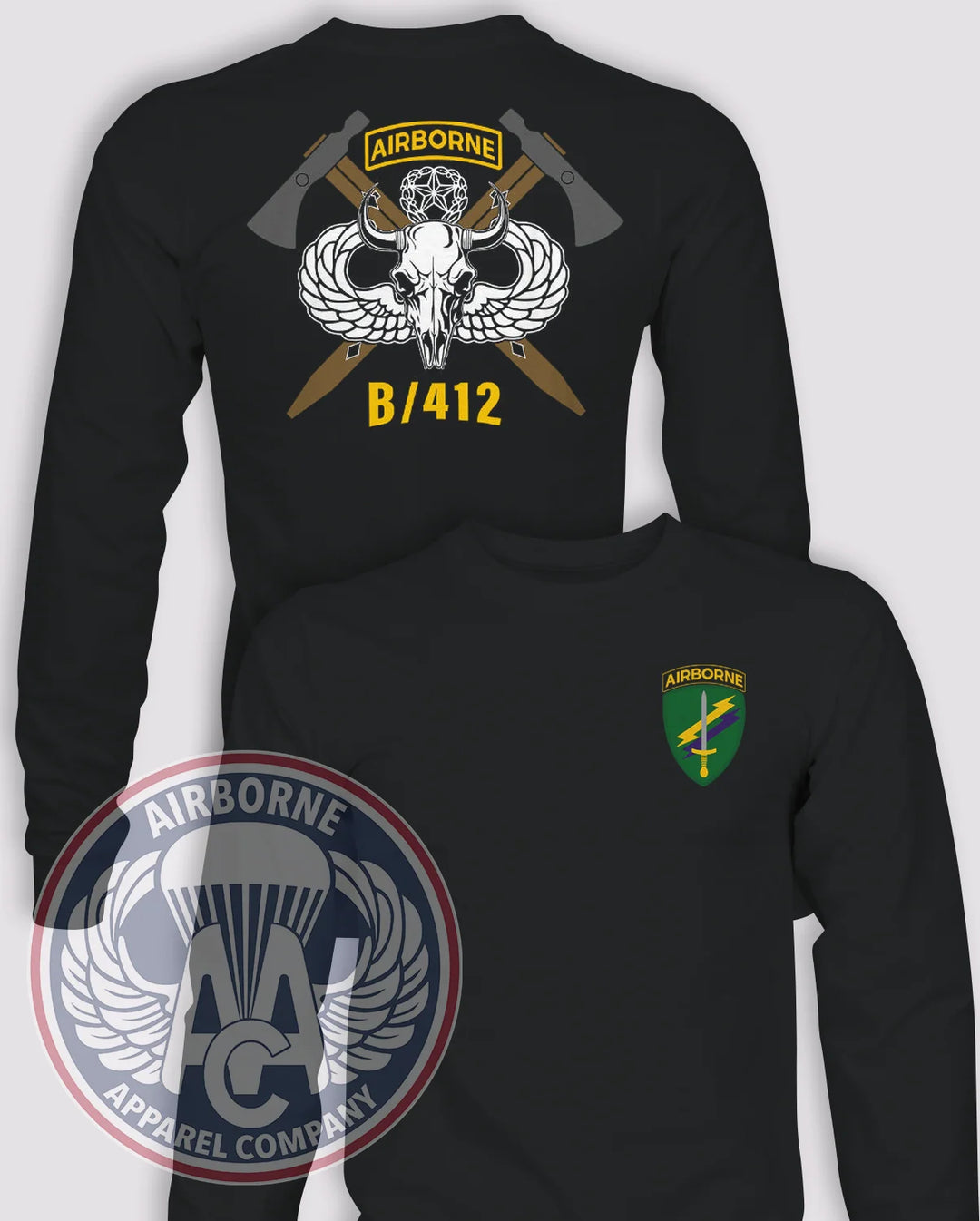 B Company 412th Civil Affairs BN Long-Sleeve T-Shirt (Official), Black, front and back views