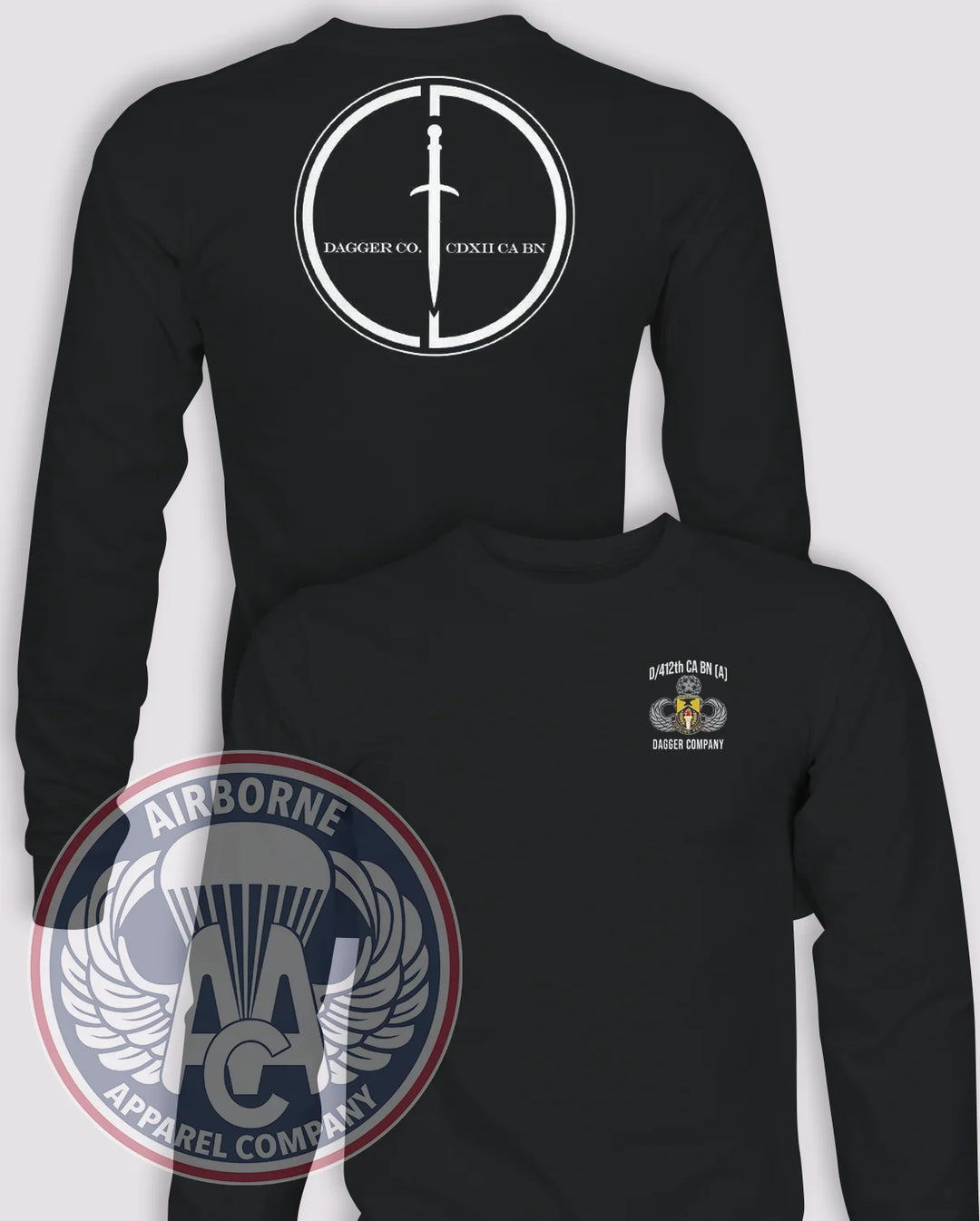 Dagger Company 412th Civil Affairs BN Long-Sleeve PT/Morale T-Shirt (Official), Black, front and back views