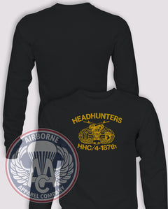 HHC 4-187 Infantry 1980s Distressed Long-Sleeve T-Shirt, Black, front and back views