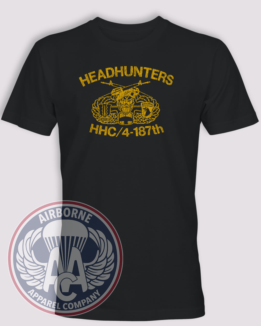 Black HHC 4-187 Infantry 1980s distressed T-shirt with yellow Headhunters skull, crossed rifles, wings, 187th crest and 101st Airborne insignia.