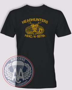 Black HHC 4-187 Infantry 1980s distressed T-shirt with yellow Headhunters skull, crossed rifles, wings, 187th crest and 101st Airborne insignia.
