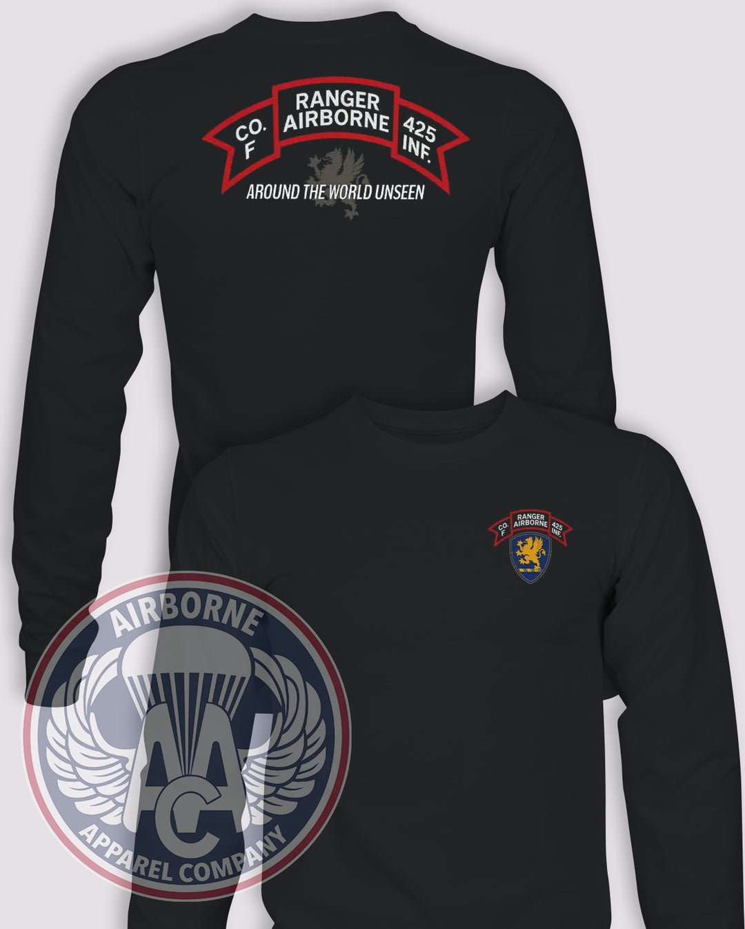 F CO 425th Infantry "Around the World Unseen" Long-Sleeve T-Shirt, Black, front and back views