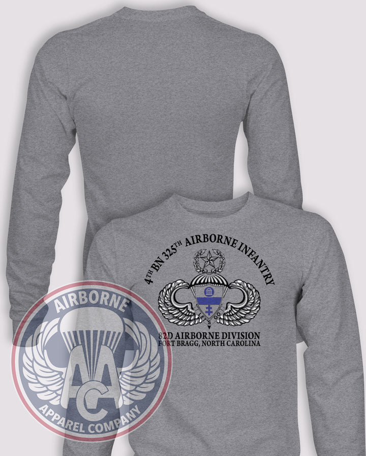 325th Airborne Infantry Regiment (A.I.R.) Division-Style Long Sleeve T-shirt – Heather Grey – 4325INF-001; front print, blank back and sleeves