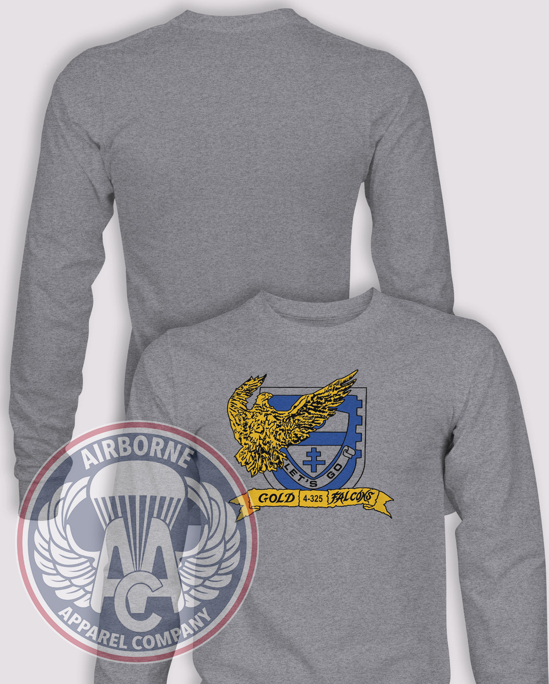 4-325th Airborne Infantry Regiment (AIR) Gold Falcons 1980s Throwback Long Sleeve T-shirt – Heather Grey – 4325INF-006; front print, blank back and sleeves
