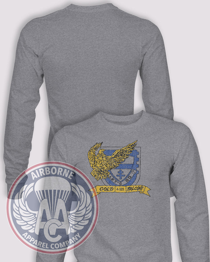 4-325th Airborne Infantry Regiment (AIR) Gold Falcons 1980s Throwback Long Sleeve T-shirt – Heather Grey – 4325INF-007; front print, blank back and sleeves