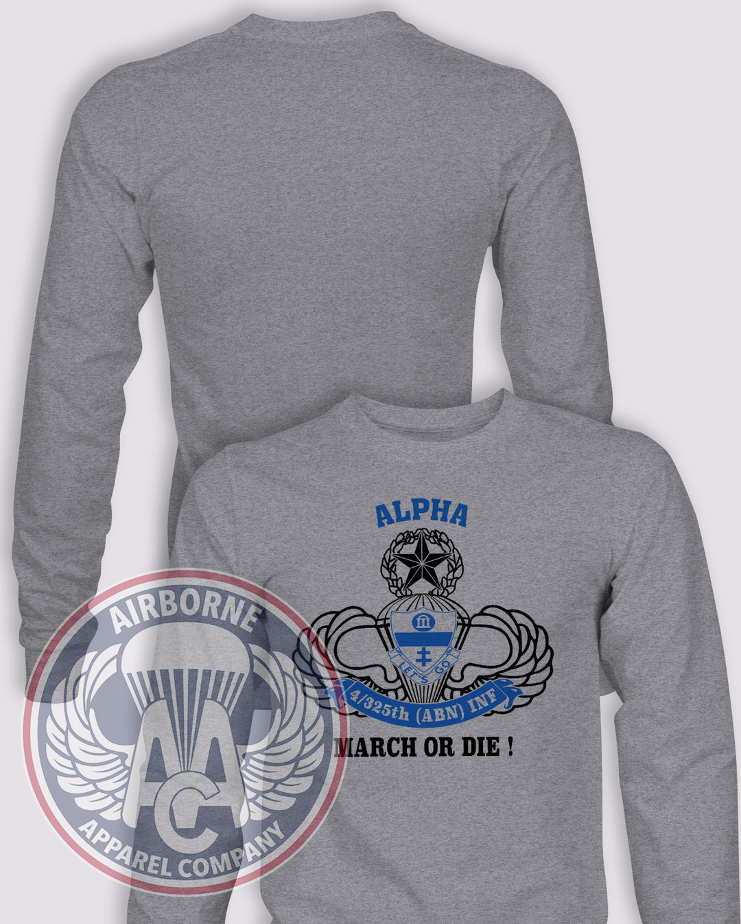4-325 Airborne Infantry Regiment Alpha Co. COHORT Reproduction Long Sleeve T-shirt – Heather Grey – 4325INF-A-COHORT-001; front print, blank back and sleeves