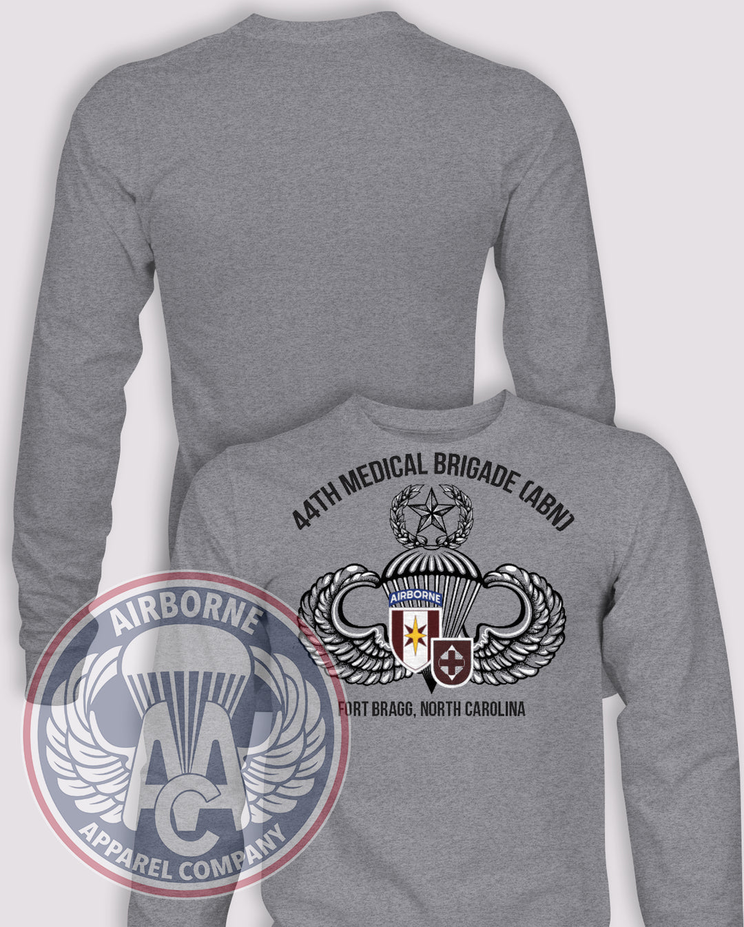 44th Medical Brigade (ABN) PT Long Sleeve T-shirt – Heather Grey – 44MED-001; front print, blank back and sleeves