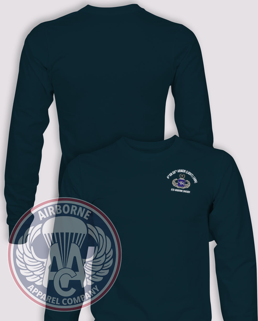 4th Battalion, 68th Armor (Light) (ABN) Long Sleeve T-shirt — Navy — front print, blank back and sleeves