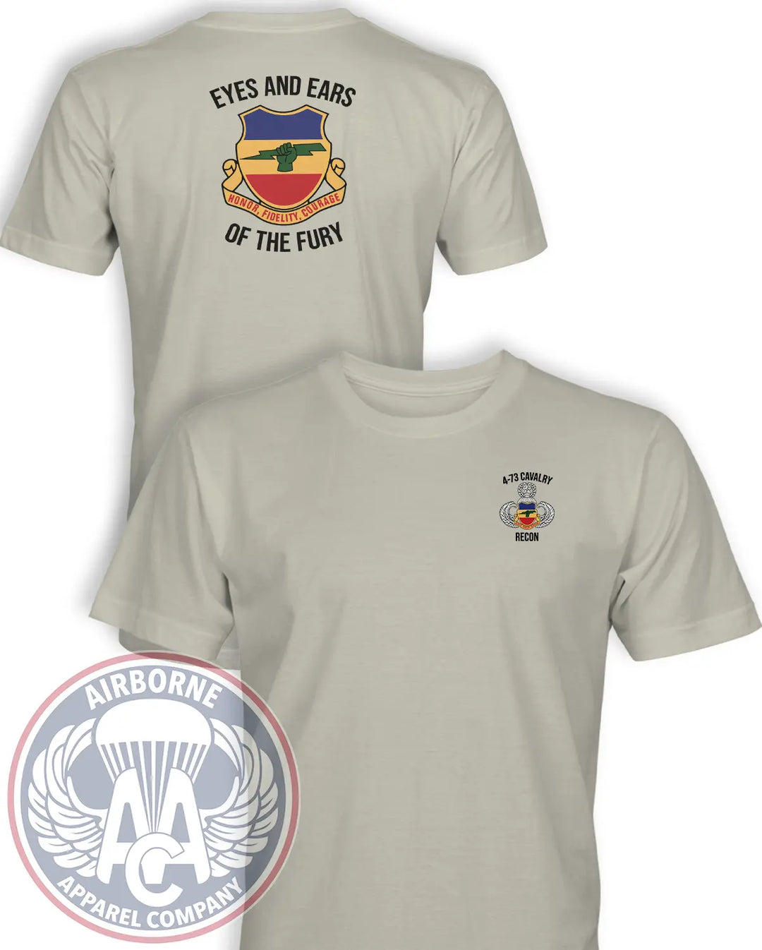 4th Squadron 73rd Cavalry Regiment Eyes and Ears of the Fourth T-shirt in Sand, front and back
