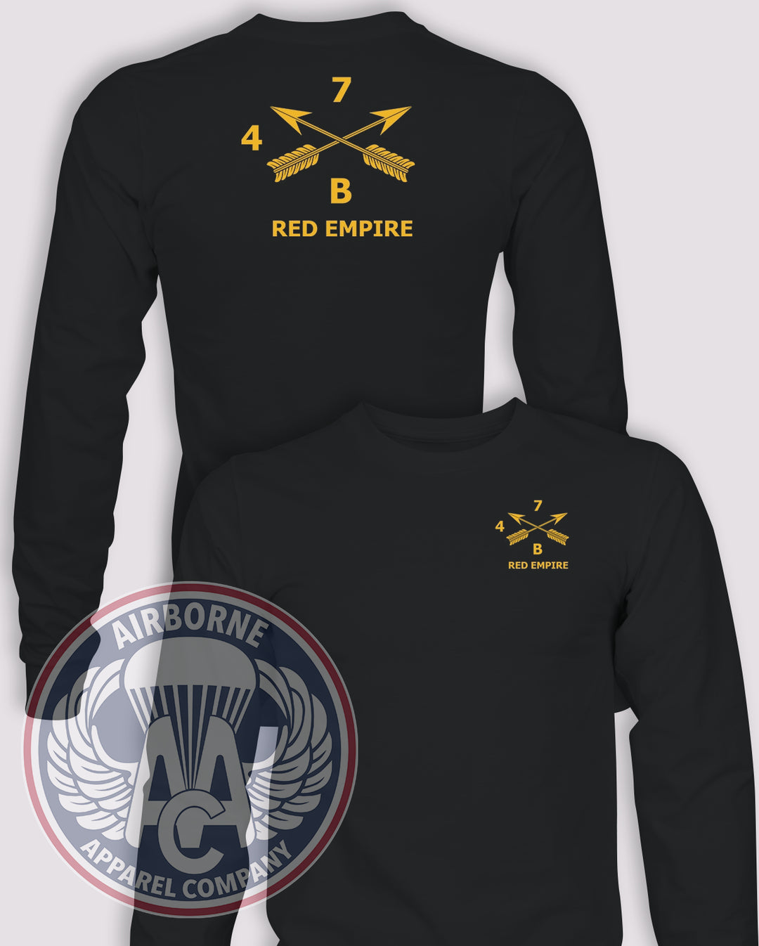 4-7th Special Forces Group Guidon Long-Sleeve T-Shirt, Black, BRAVO, front and back views