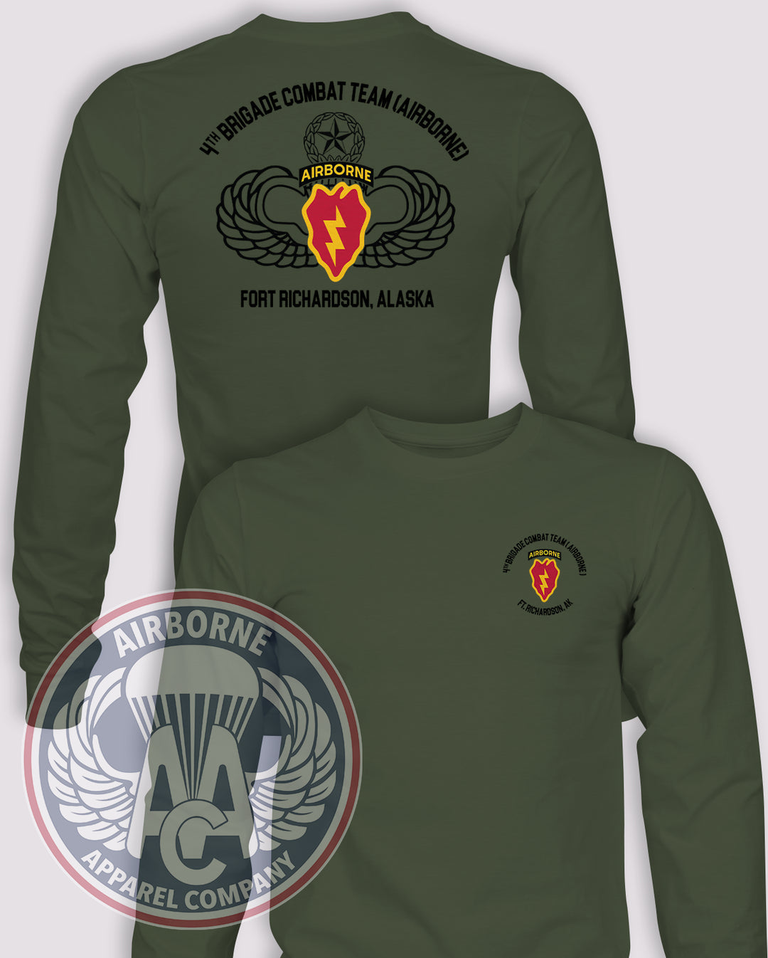 4th Brigade Combat Team (Airborne), 25th Infantry Division OD Green long-sleeve T-shirt, front and back views