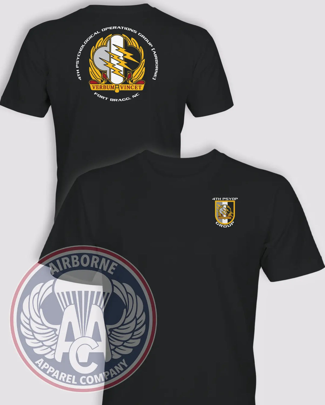 4th Psychological Operations Group (Airborne) black T-shirt, front and back views