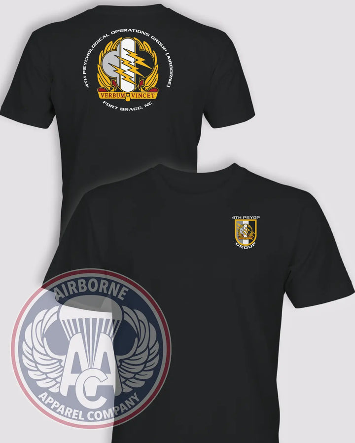4th Psychological Operations Group (Airborne) black T-shirt, front and back views