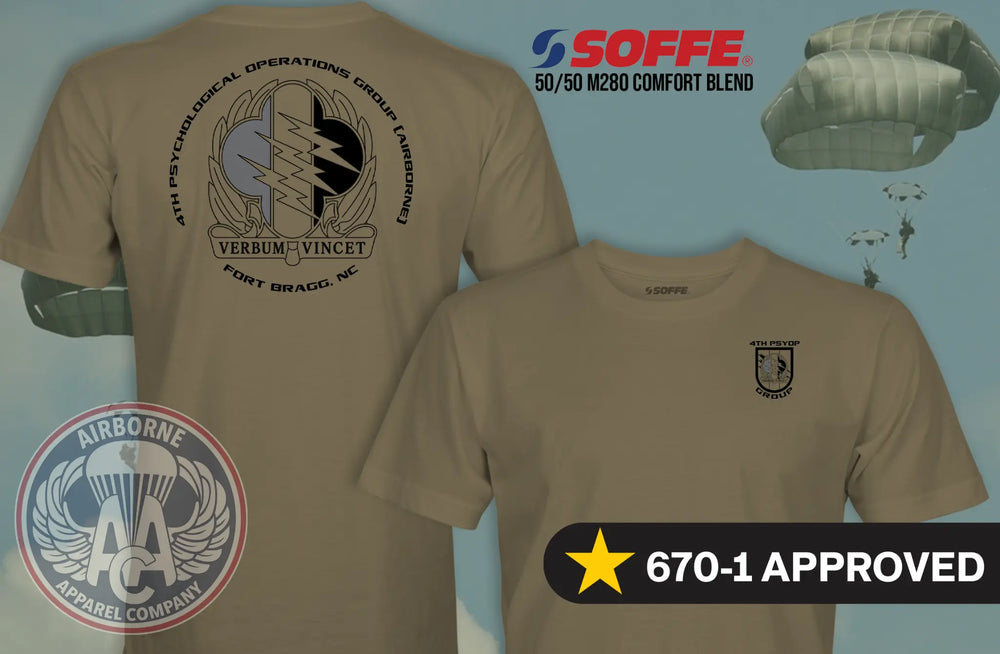 4th Psychological Operations Group (Airborne) 670-1 Coyote Brown T-shirt, front and back views