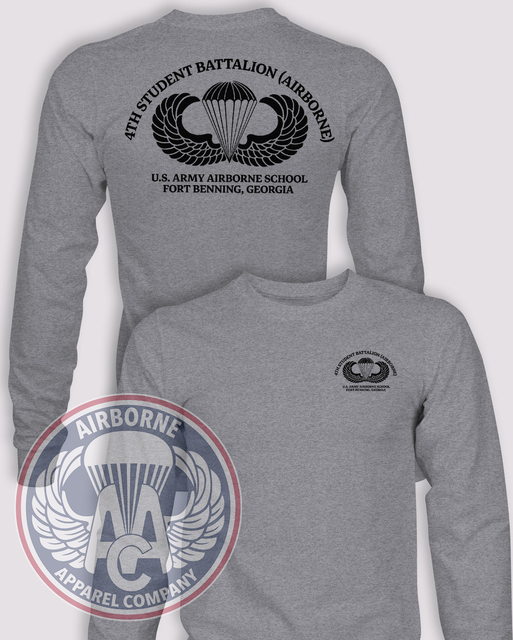 4th Student Battalion (Airborne) Jump School Long-Sleeve T-Shirt, Heather Grey, front and back views