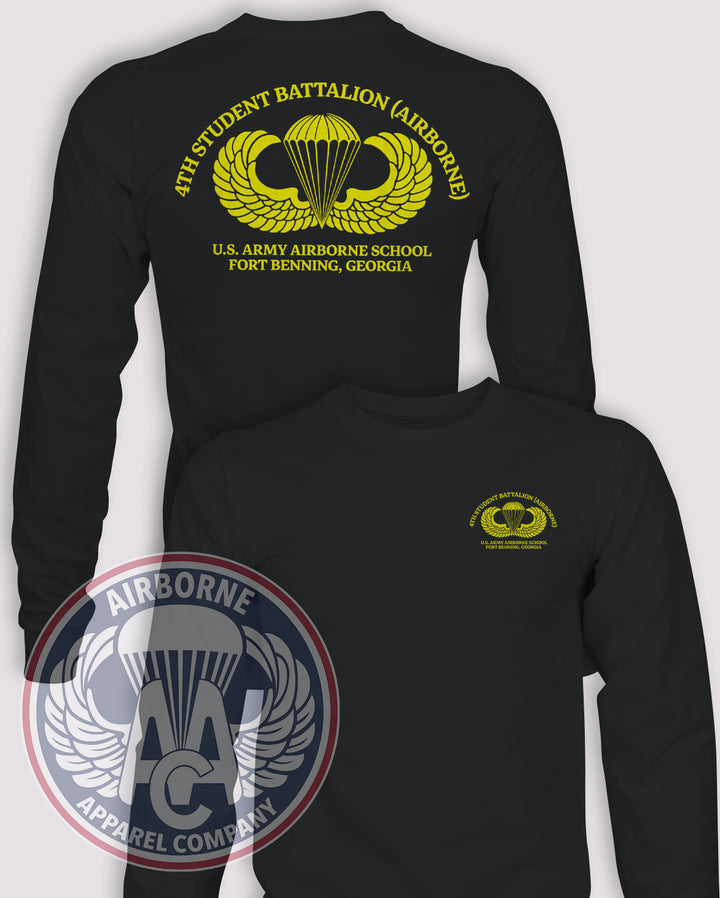 4th Student Battalion (Airborne) Jump School Long-Sleeve T-Shirt, Black, front and back views