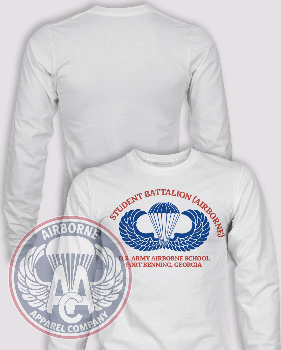 4th Student Battalion (Airborne) Long Sleeve T-shirt – White – 4SBN-002; front print, blank back and sleeves