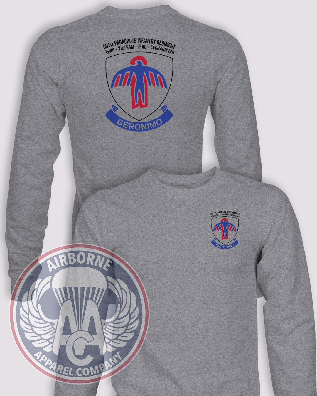 501st PIR Geronimo Campaign Long-Sleeve T-Shirt, Heather Grey, front and back views