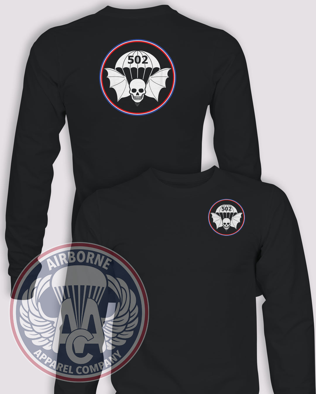 502nd Infantry Widowmaker Long-Sleeve T-Shirt, Black, front and back views