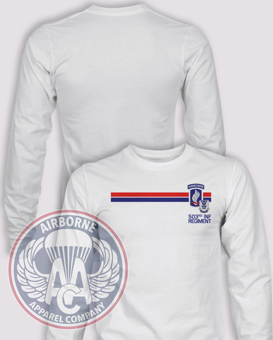 503RD Infantry 173rd Long Sleeve T-shirt – White – 503INF-001; front print, blank back and sleeves