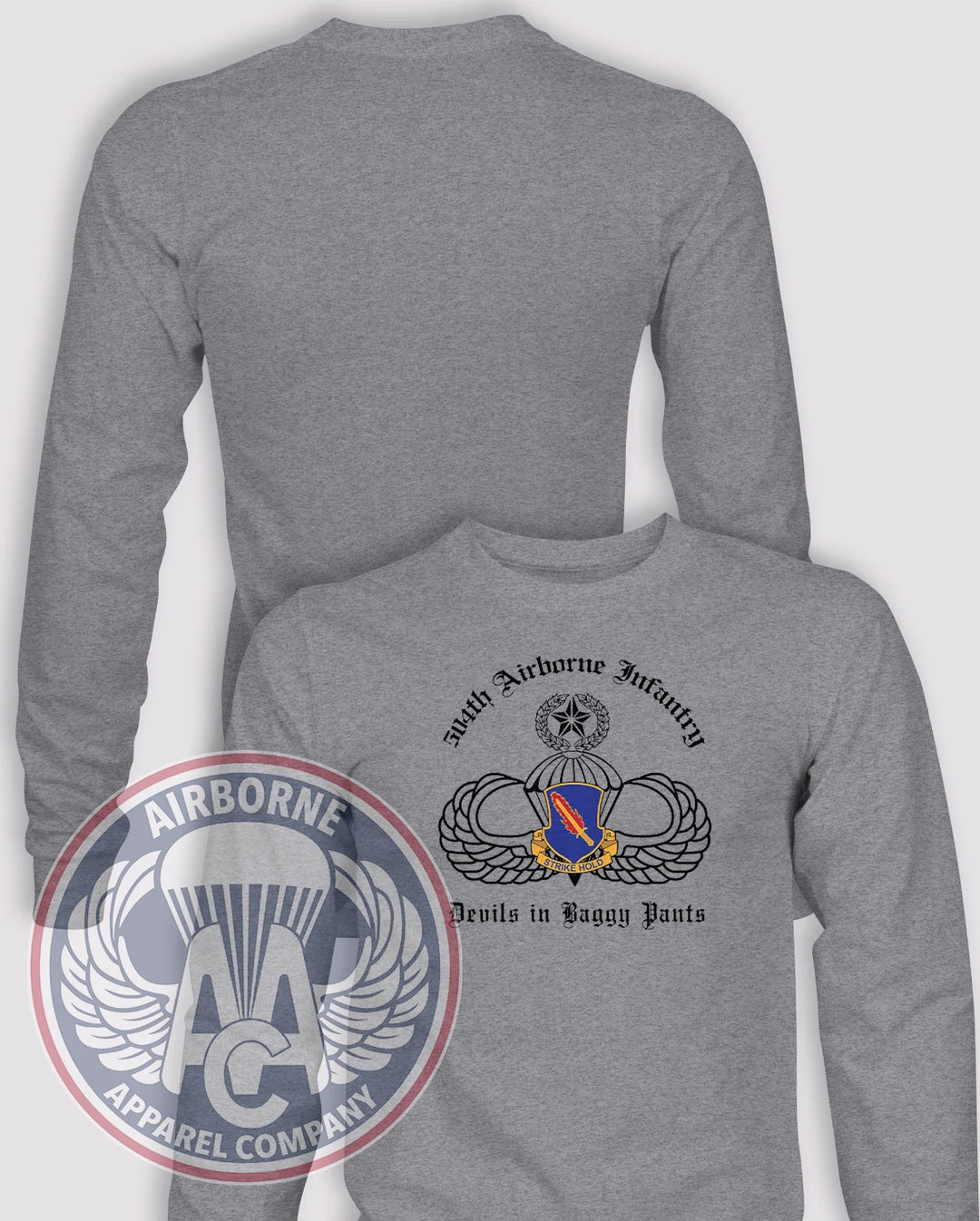 504th Devils in Baggy Pants Replica Long-Sleeve T-Shirt, Heather Grey, front graphic and blank back; unprinted sleeves