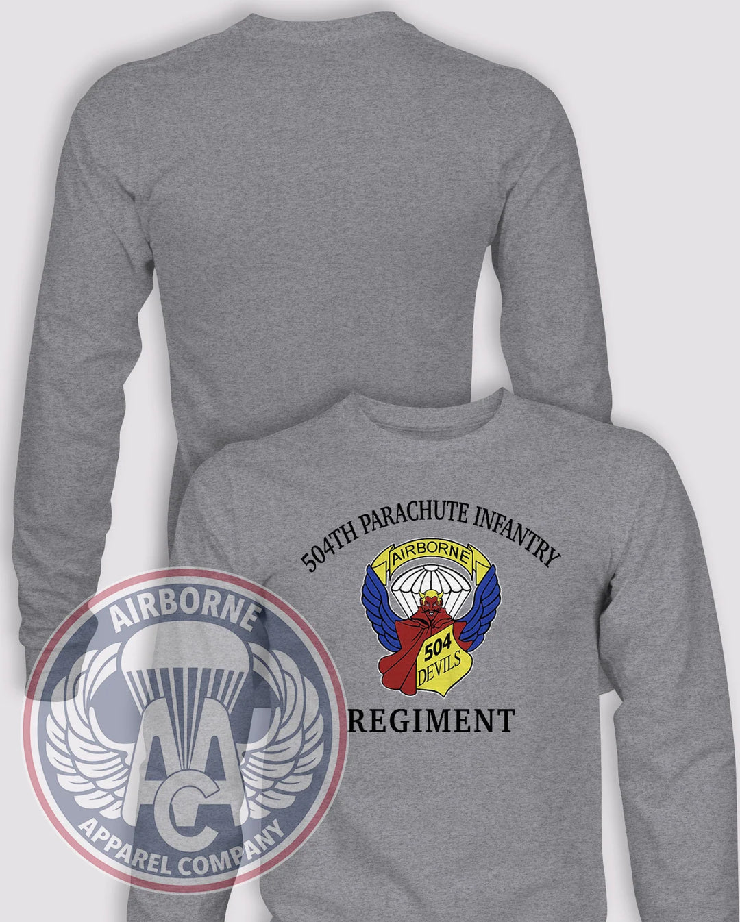 504th Parachute Infantry Regiment Reproduction Long-Sleeve T-Shirt, Heather Grey, front graphic and blank back; unprinted sleeves