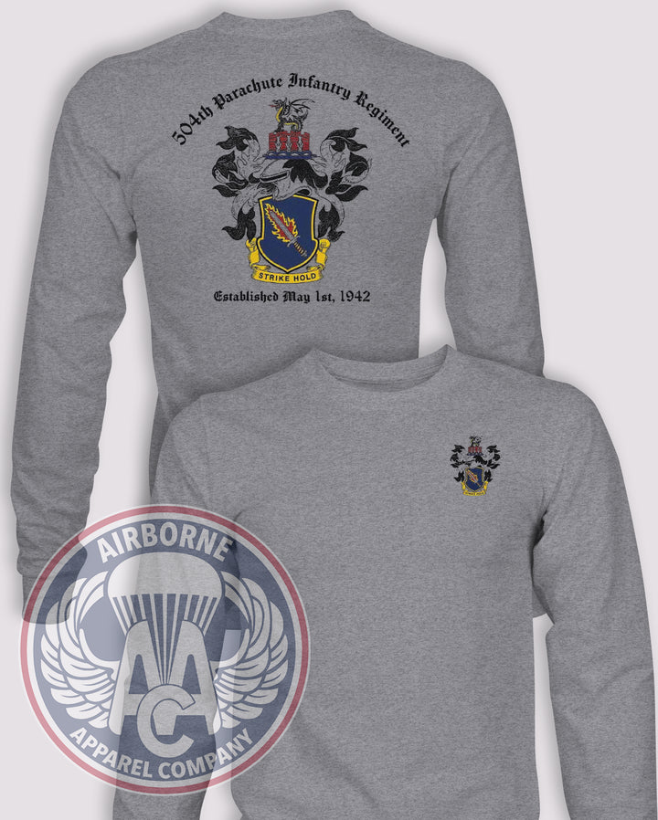 504th Parachute Infantry Regiment Coat of Arms Long-Sleeve T-Shirt, Heather Grey, front and back views