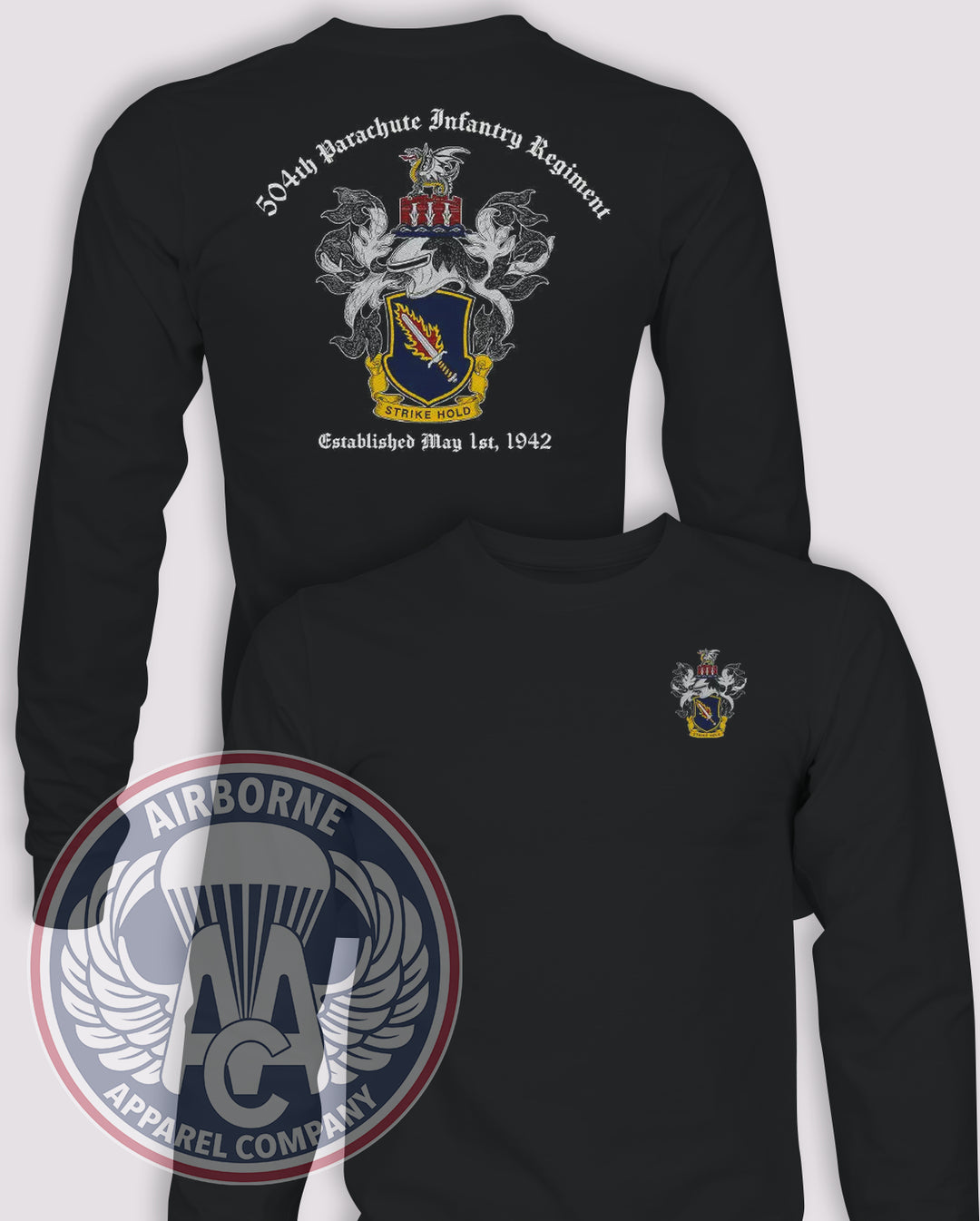 504th Parachute Infantry Regiment Coat of Arms Long-Sleeve T-Shirt, Black, front and back views