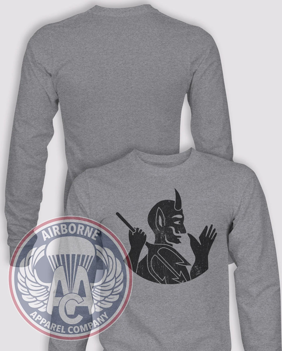 504th Parachute Infantry Regiment Vintage Devil Long-Sleeve T-Shirt, Heather Grey, front graphic and blank back; unprinted sleeves