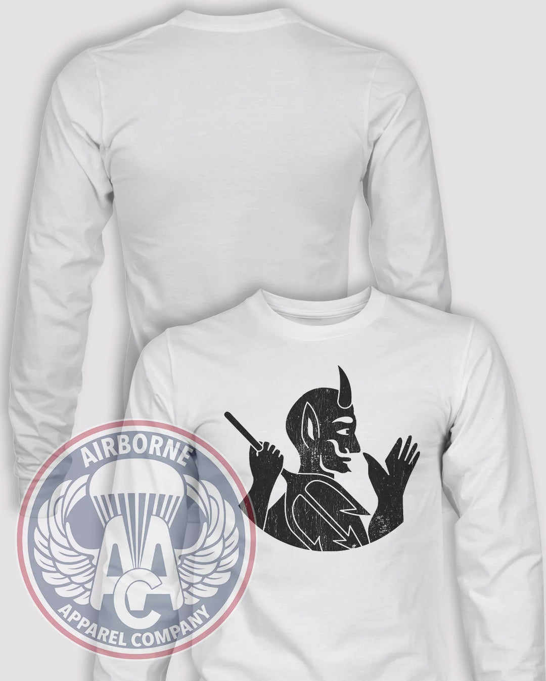 504th Parachute Infantry Regiment Vintage Devil Long-Sleeve T-Shirt, White, front graphic and blank back; unprinted sleeves