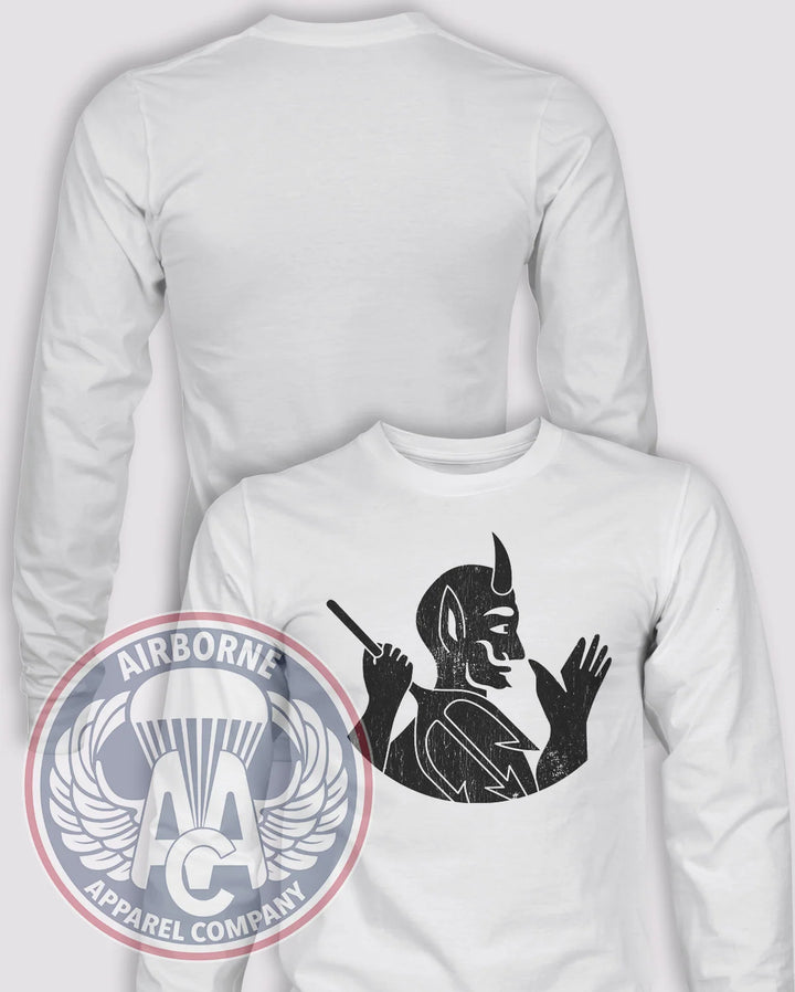 504th Parachute Infantry Regiment Vintage Devil Long-Sleeve T-Shirt, White, front graphic and blank back; unprinted sleeves