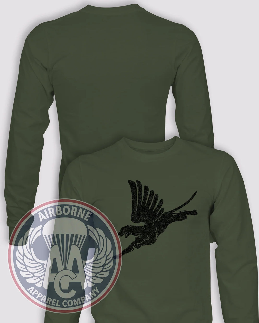 505th Winged Panther Vintage-Look Long-Sleeve T-Shirt, OD Green, front graphic and blank back; unprinted sleeves