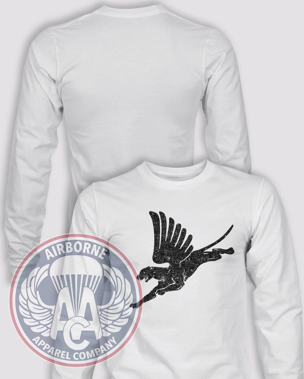505th Winged Panther Vintage-Look Long-Sleeve T-Shirt, White, front graphic and blank back; unprinted sleeves