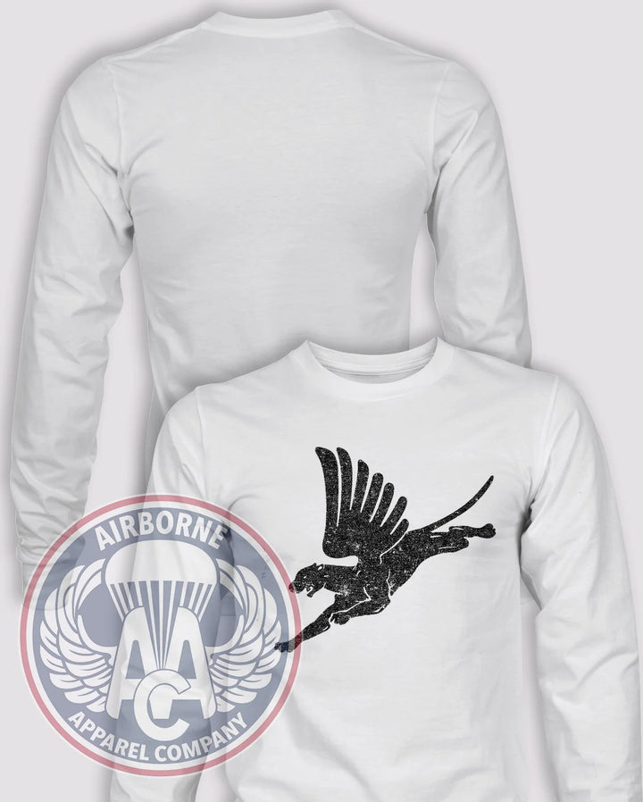 505th Winged Panther Vintage-Look Long-Sleeve T-Shirt, White, front graphic and blank back; unprinted sleeves