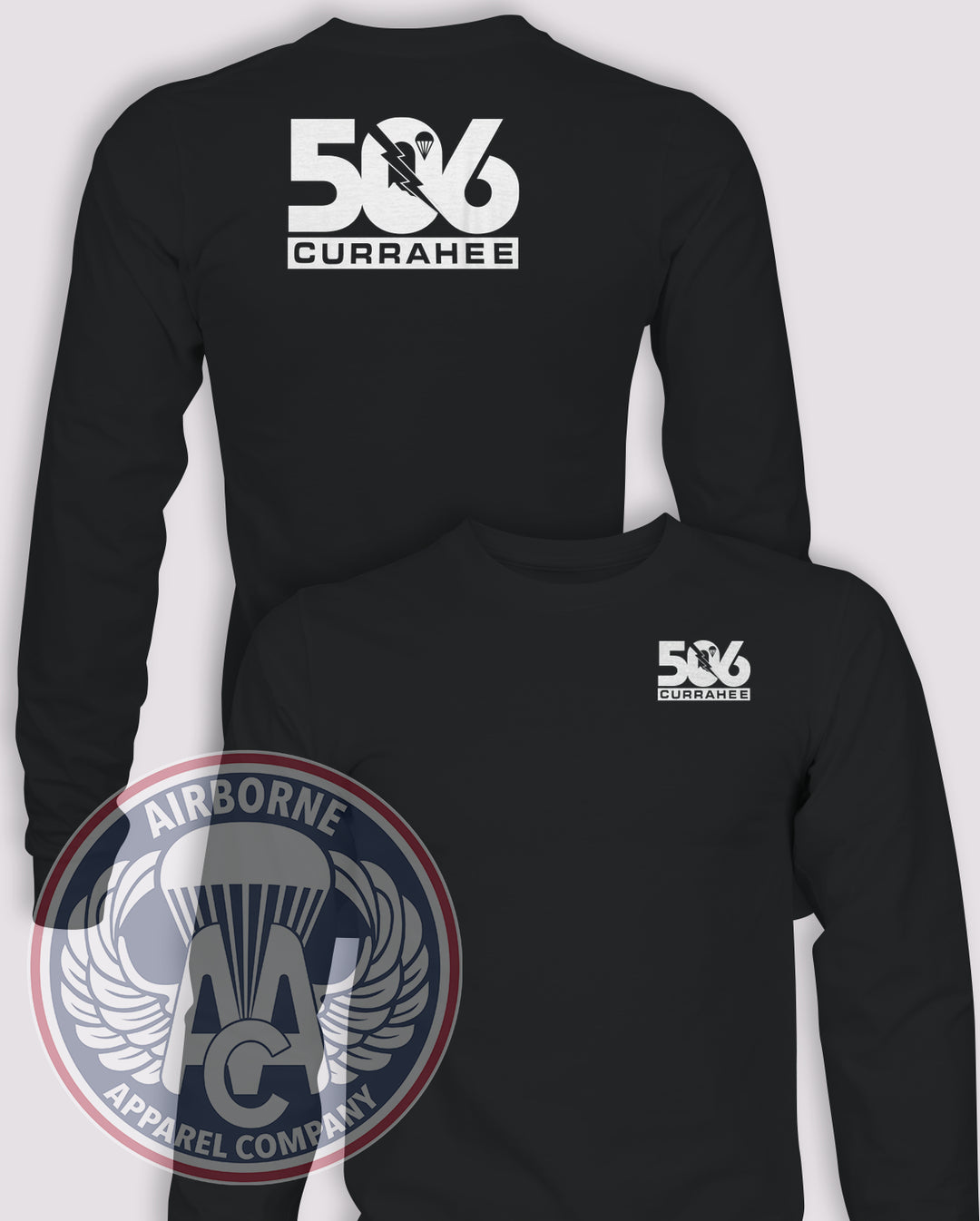 506th Infantry Regiment Subtle Valor Long-Sleeve T-Shirt, Black, front and back views