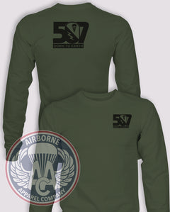 507th Infantry Regiment Subtle Valor Ver. 1 Long-Sleeve T-Shirt, OD Green, front and back views