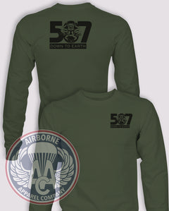 507th Infantry Regiment Subtle Valor Ver. 2 Long-Sleeve T-Shirt, OD Green, front and back views