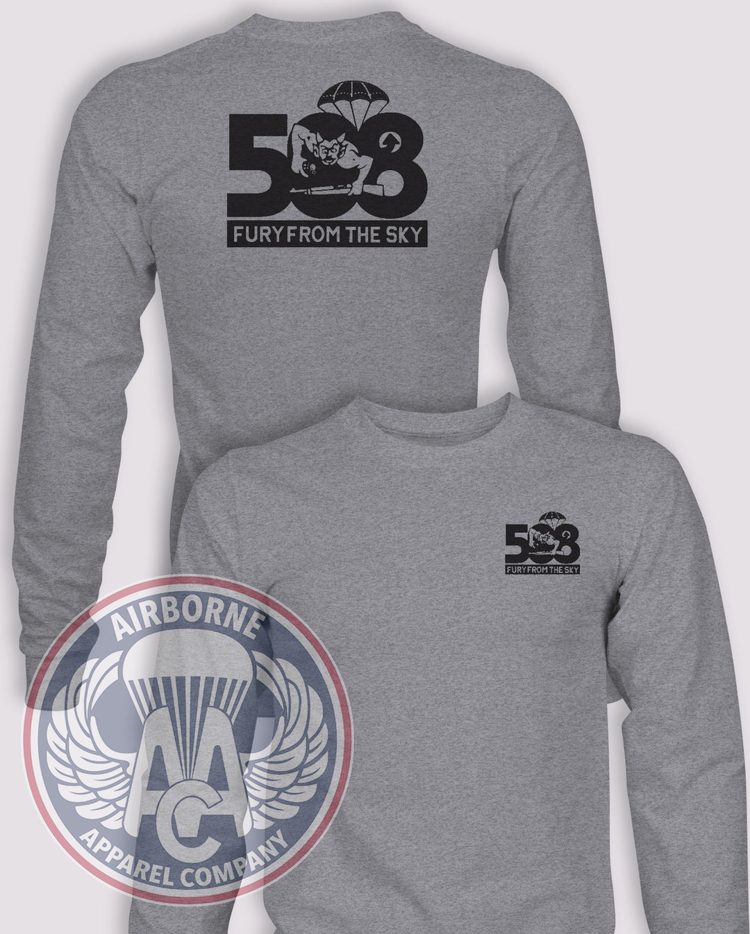 508th Infantry Regiment Subtle Valor Long-Sleeve T-Shirt, Heather Grey, front and back views