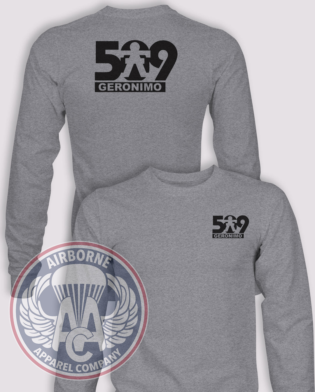 509th Infantry Regiment Subtle Valor Long-Sleeve T-Shirt, Heather Grey, front and back views