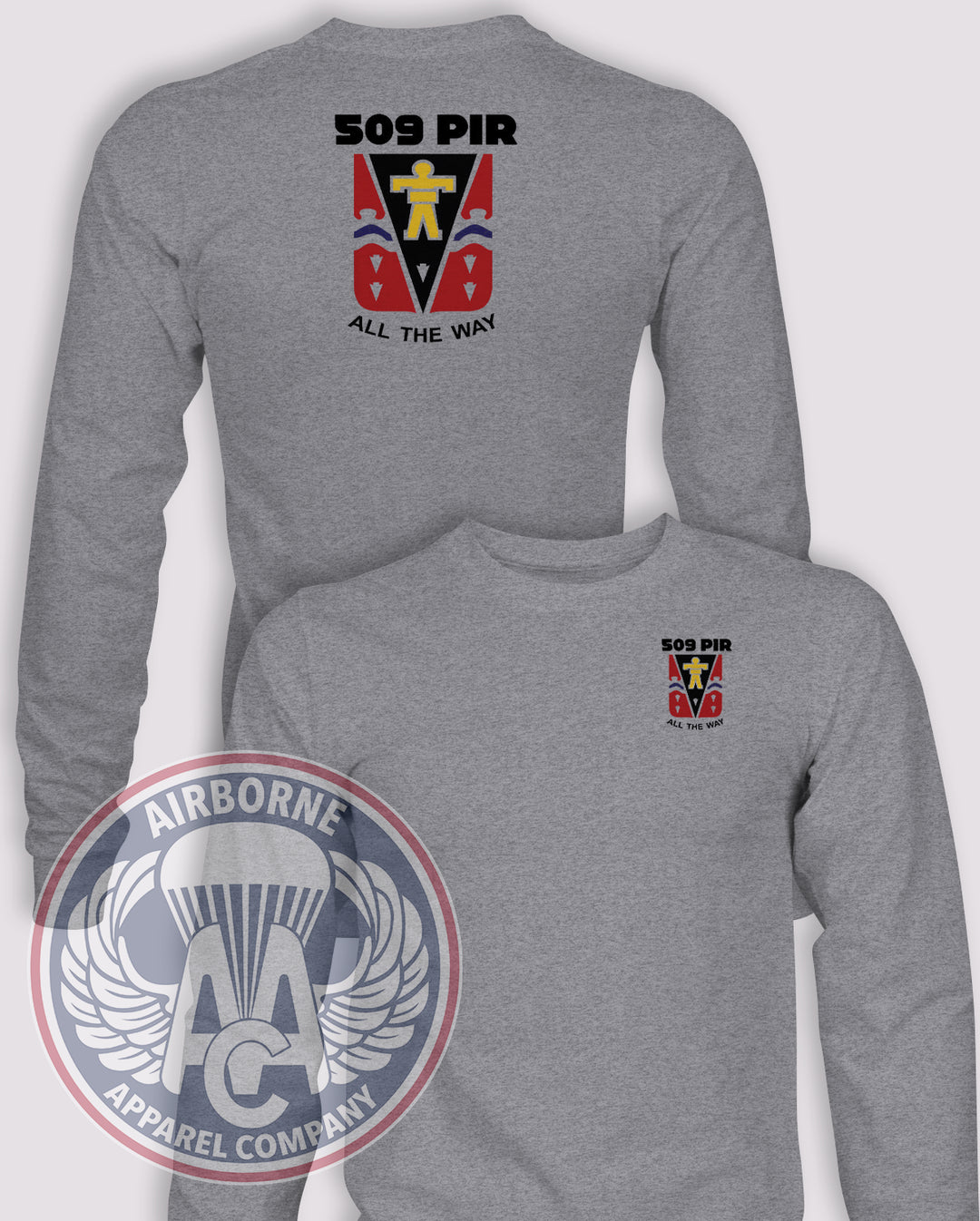509th Parachute Infantry Regiment DUI Long-Sleeve T-Shirt, Heather Grey, front and back views